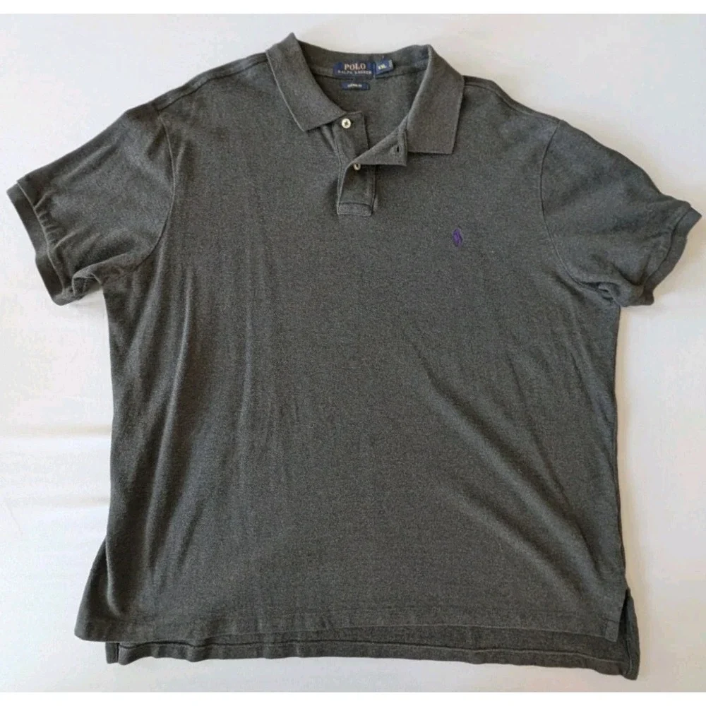 Polo Ralph Lauren Mens XXL Custom Fit Gray Shirt Sleeve Polo Shirt Purple Pony